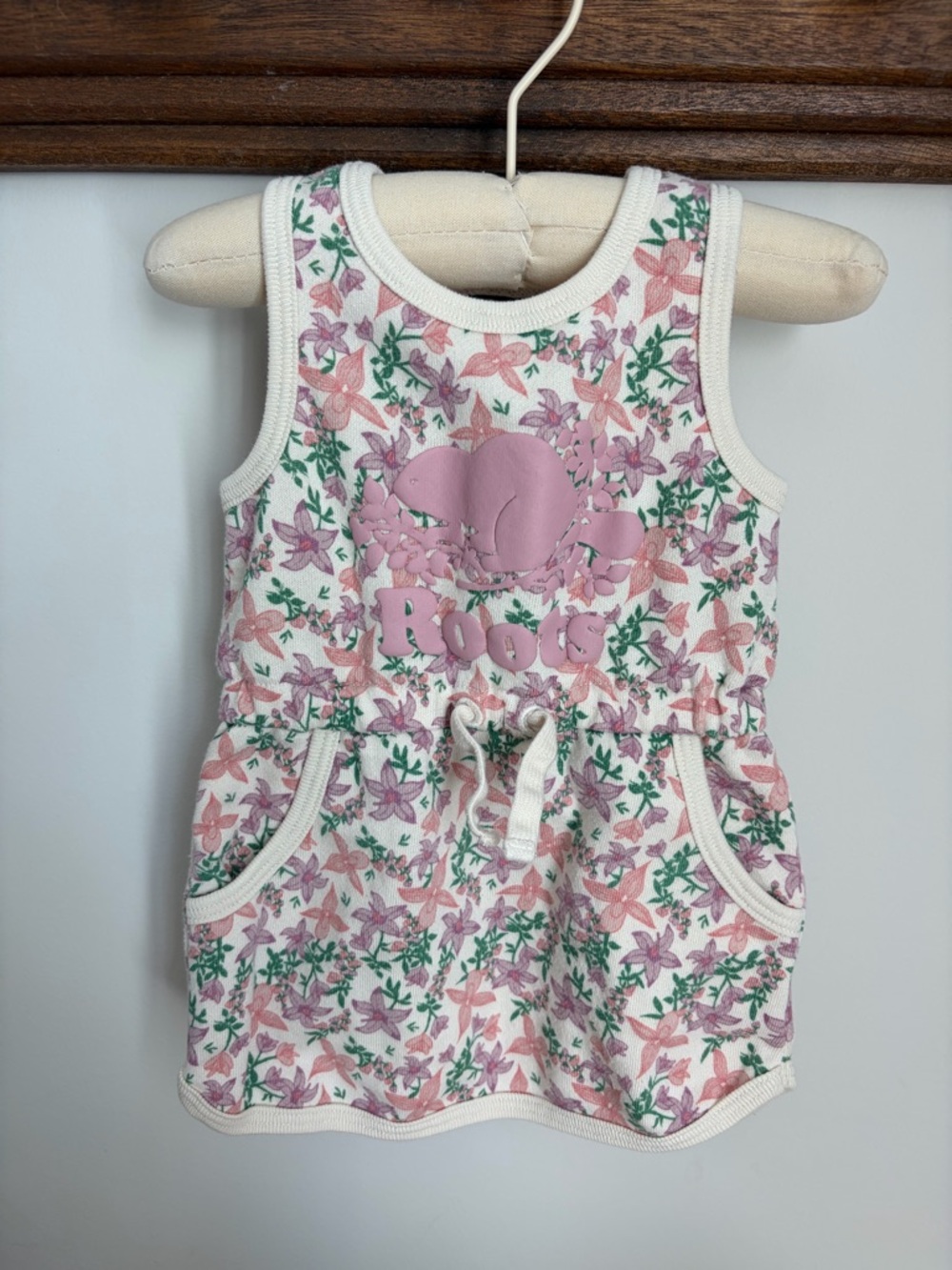 Roots Baby Pink Floral Tank Dress with Logo